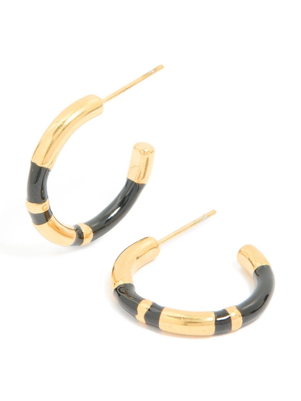 Waterproof Gold Plated Stainless Steel Small Black Enamel Stripe Hoop Earrings